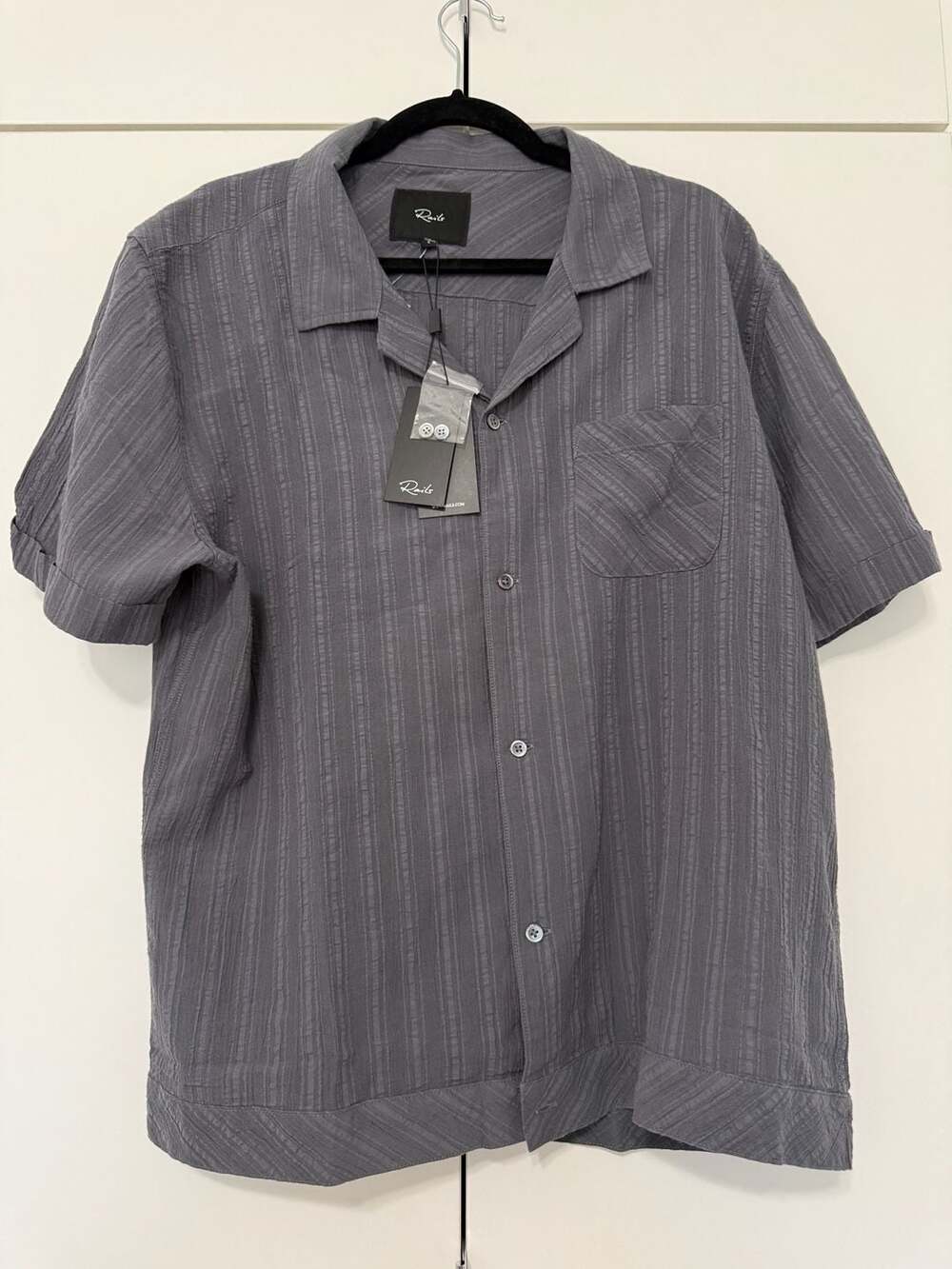 Rails Lemmy Camp Collar Shirt Size L Cement Blue Striped Short Sleeve